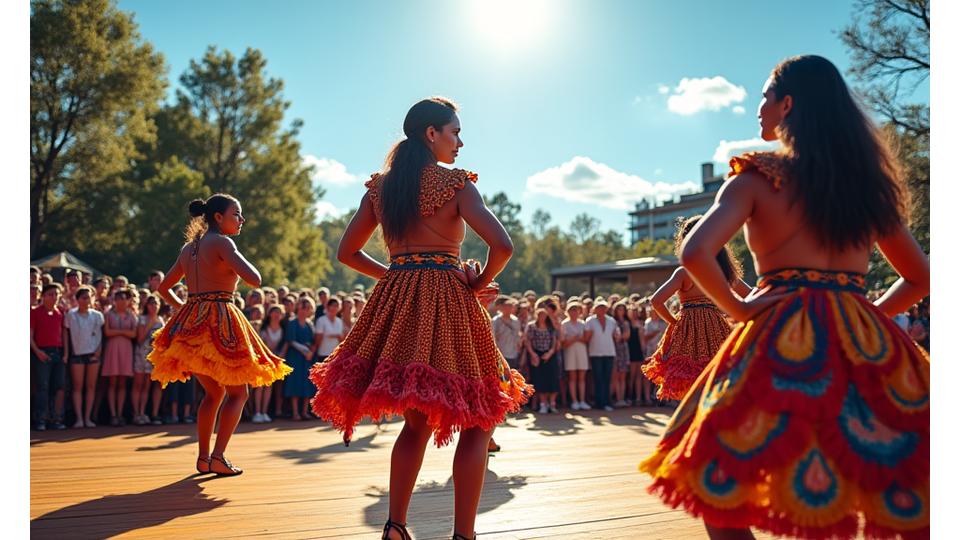 A vibrant NAIDOC Week celebration with Indigenous dancers in traditional attire performing on stage, cheered by a diverse crowd.