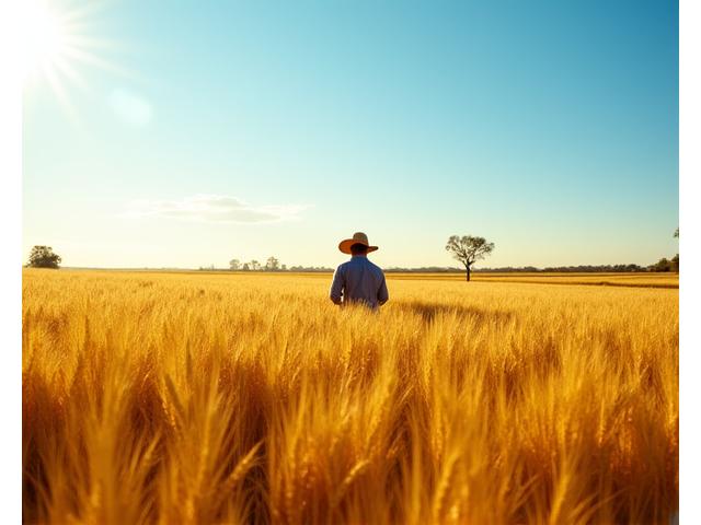 A farmer inspecting healthy crops in a vast, sun-drenched agricultural field.