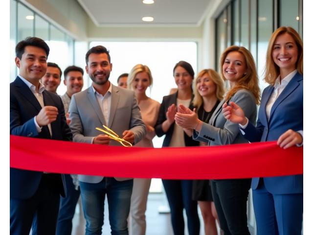 A grand opening ribbon cutting ceremony for a new regional business.
