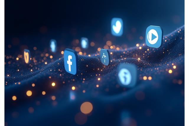 Stylized abstract representation of interconnected social media icons (like TikTok, Instagram, X, Facebook) floating in a digital space, with data streams flowing between them, symbolizing platform interoperability and trends.
