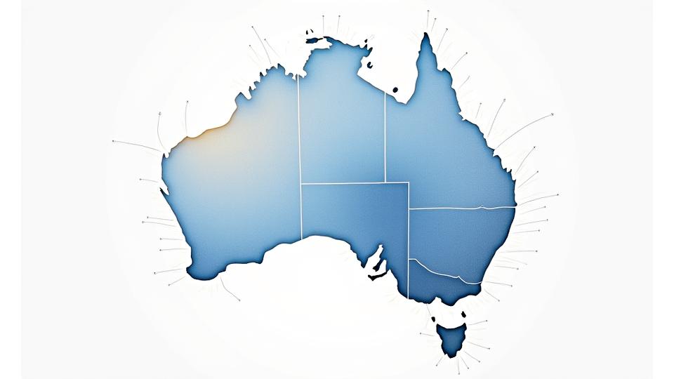 Abstract data visualization showing interconnected nodes and lines, representing the complex influence of social media on public opinion and mental health, with a subtle Australian map overlay.
